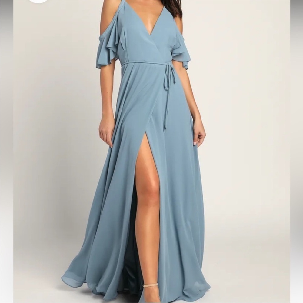 Lulus blue easy listening ruffle wrap maxi dress